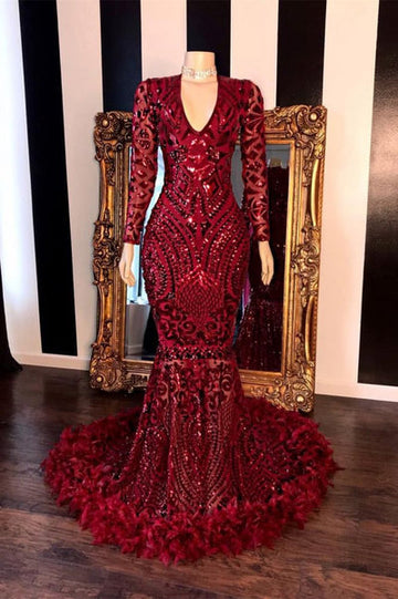 LONG SLEEVESS V-NECK BEADING PATTERNS LONG MERMAID PROM GOWNS HZ1023